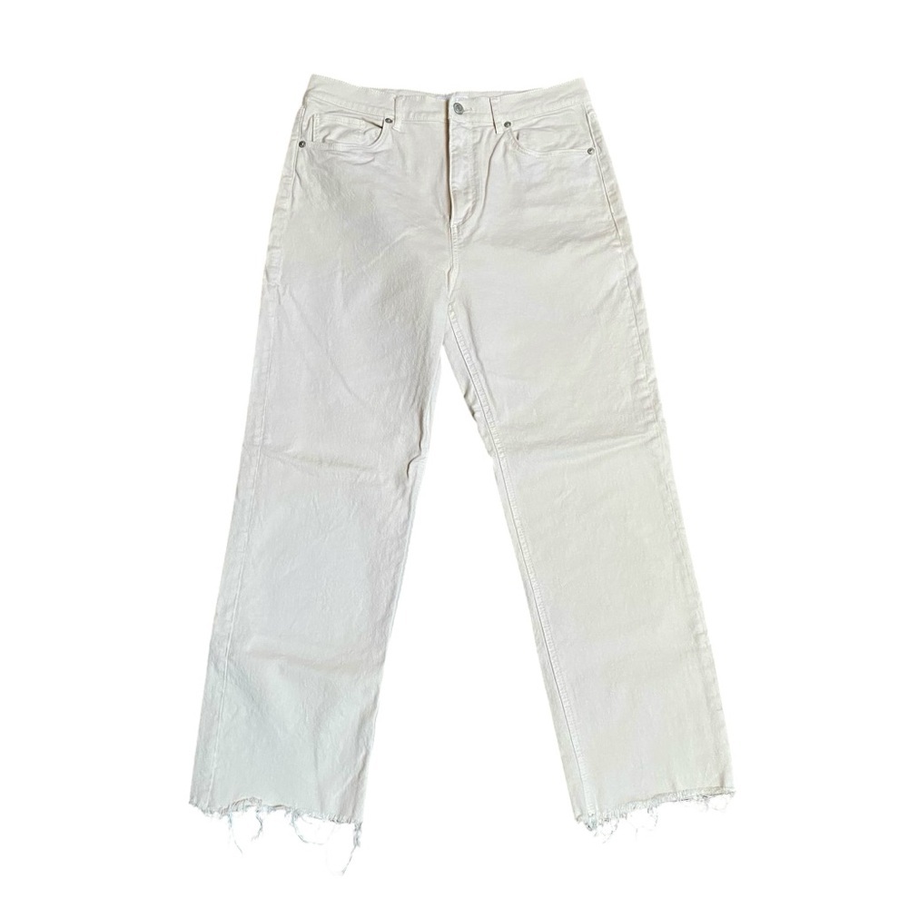 LOFT Cream High Rise Straight Leg Jeans Raw Hem Cropped Size 6